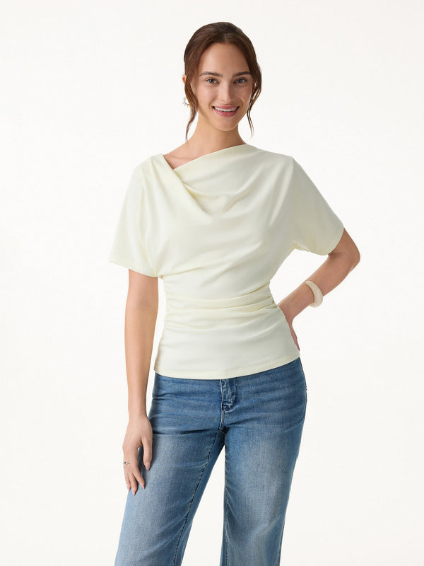 OGLmove Asymmetrical Cowl Neck Ruched Top Cornsilk XS