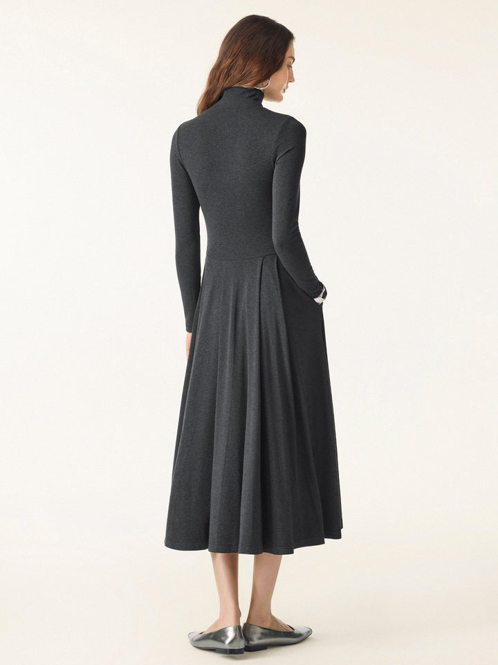 Light Warm Mockneck Pleated Midi Brami Dress with Pockets