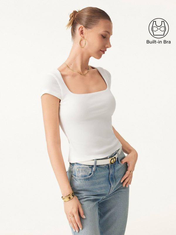 Stretch Cotton Pointelle Square Neck Cap Sleeve Brami White XS