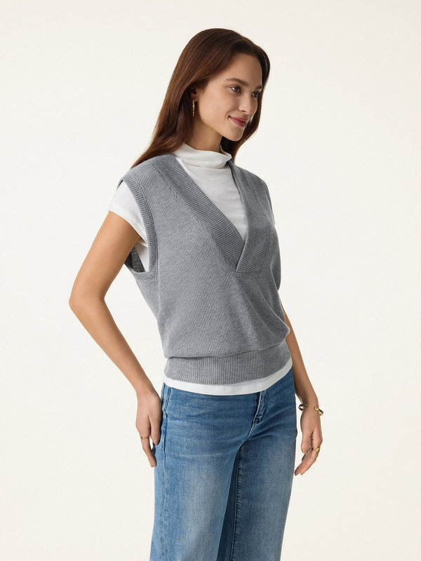 Soft Rib Knit V-Neck Wide Shoulder Vest