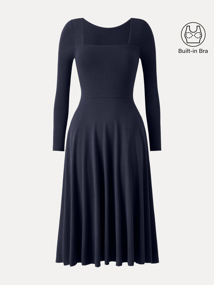 Essential Square Neck Long Sleeve Fit-and-Flare Brami Midi Dress with Pockets Midnight Navy XS