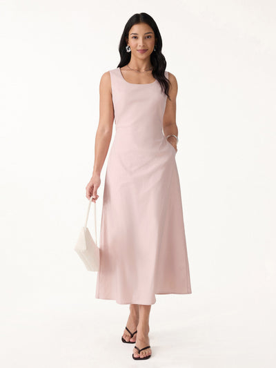 OGLmove Wrinkle-Resistant Linen Blend U-Neck Maxi Dress with Pockets Tea Rose Pink XS
