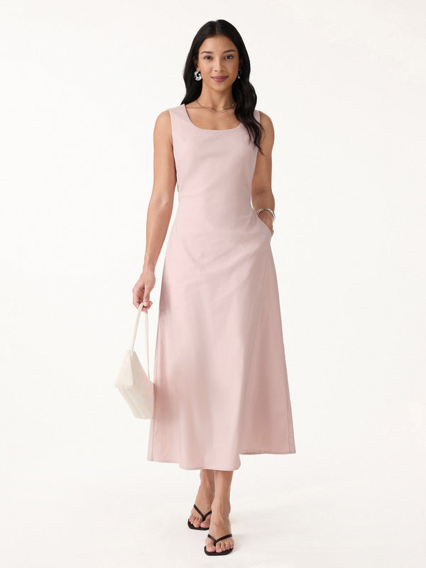OGLmove Wrinkle-Resistant Linen Blend U-Neck Maxi Dress with Pockets Tea Rose Pink XS
