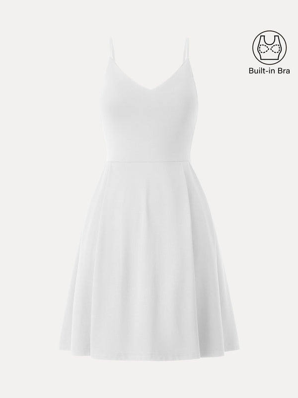 Bamboo Ponte V-neck Fit-and-flare Mini Brami Dress with Pockets White XS