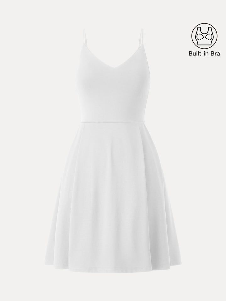 Bamboo Ponte V-neck Fit-and-flare Mini Brami Dress with Pockets White XS
