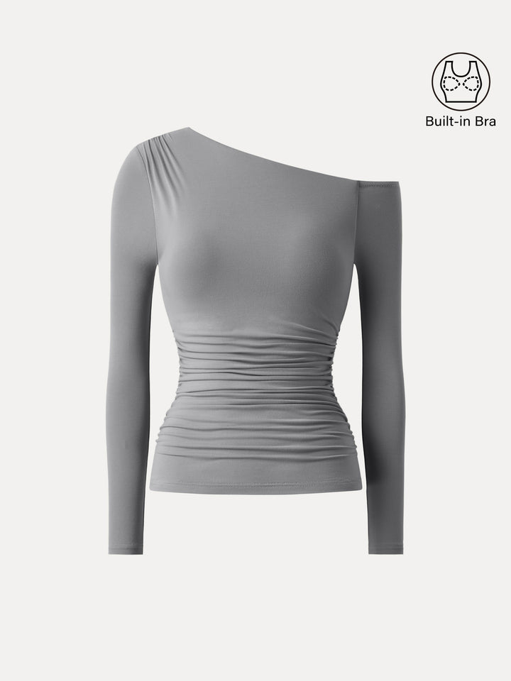 Asymmetrical Shoulders Long Sleeve Gathered Brami Top