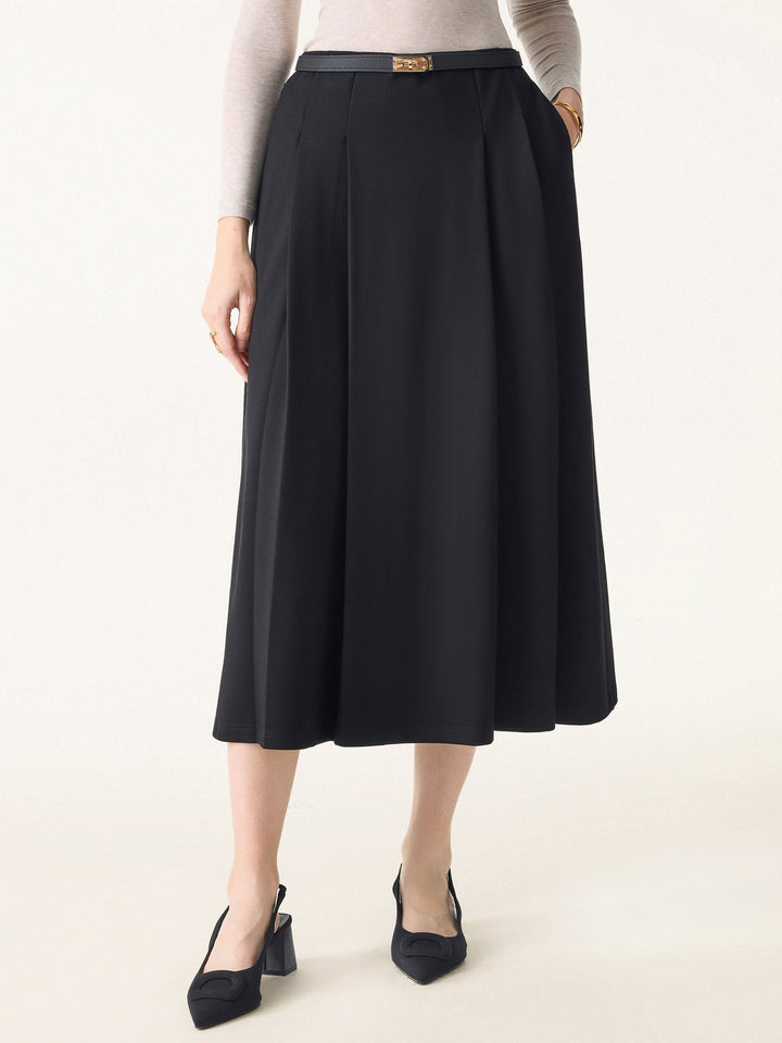Wrinkle-Resistant A-line Tucked Pull-on Midi Skirt with Pockets