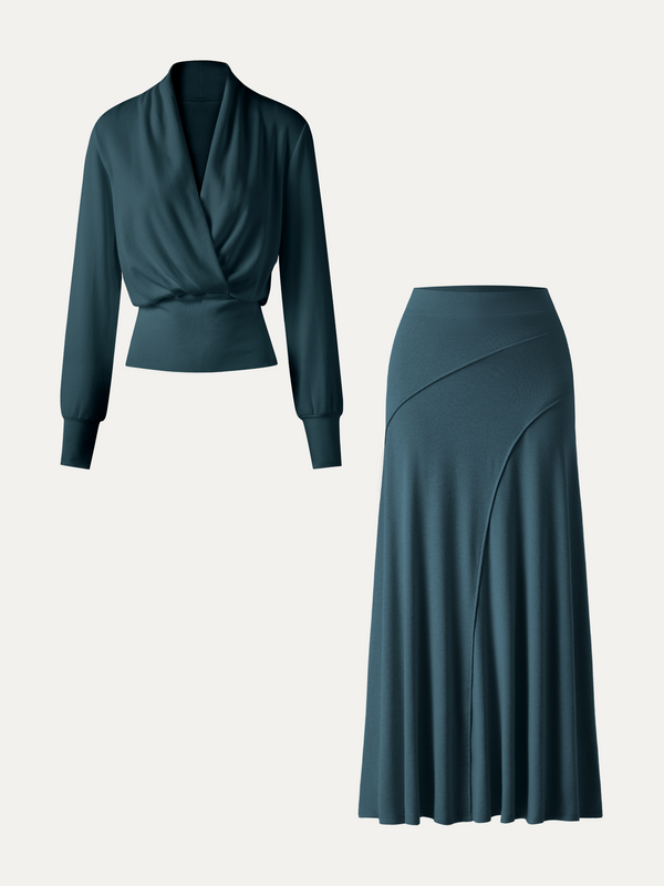 OGLmove 2Pcs Set Surplice Long Sleeve Banded Hem Top & A-Line Midi Skirt