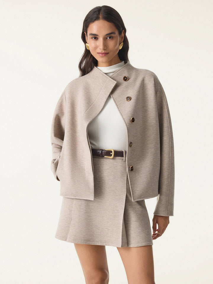 Minimalist Stand Collar Cropped Jacket with Pockets Heather Taupe XS