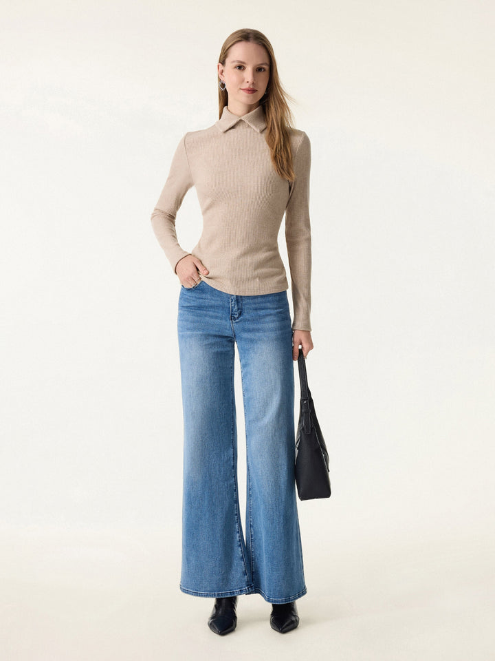 Ribbed Stand Collar Long Sleeve Top