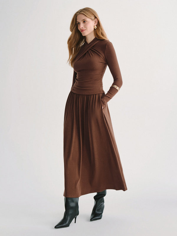 OGLmove 2Pcs Set ProWarm Mockneck Long Sleeve Top & Mid-Rise A-Line Midi Skirt with Pockets Sweet Hazelnut XXS
