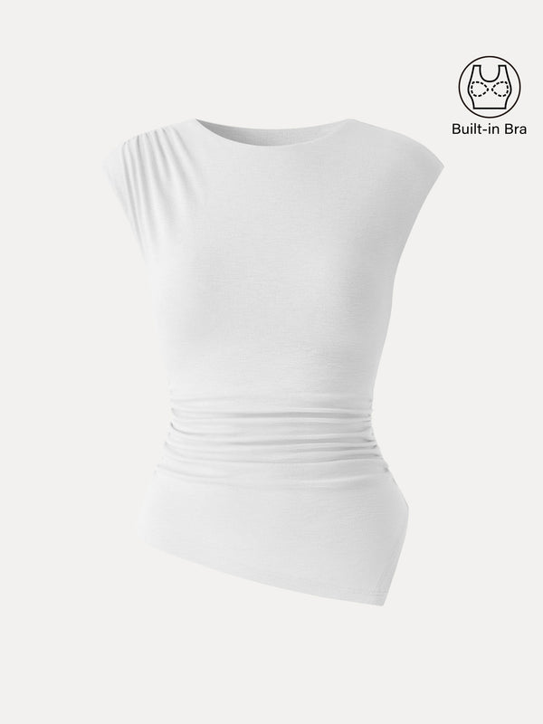 OGLmove Matte Smooth Cap Sleeve Ruched Asymmetrical Bra Top White XS