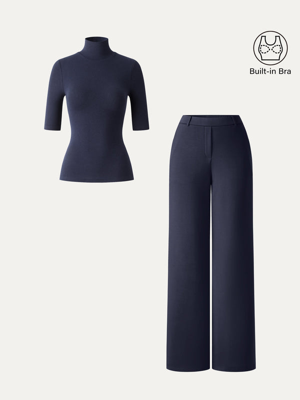 OGLmove 2Pcs Set LiteWarm Elbow Length Sleeve Built-In Bra Top & High-Rise Wide Leg Pants