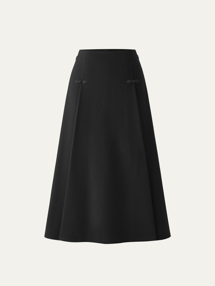 Wool-like Frog Button A-Line Midi Skirt Black M