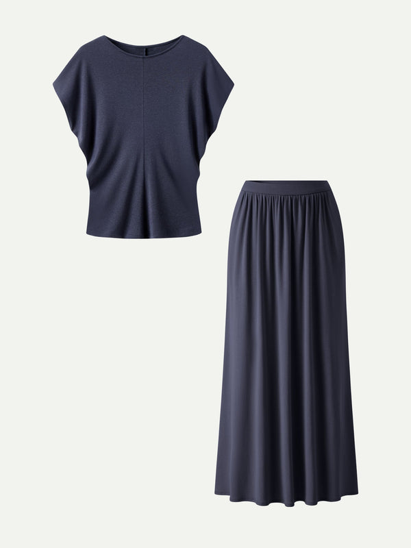 OGLmove 2Pcs Set Round Neck Top & A-Line Maxi Skirt with Pockets