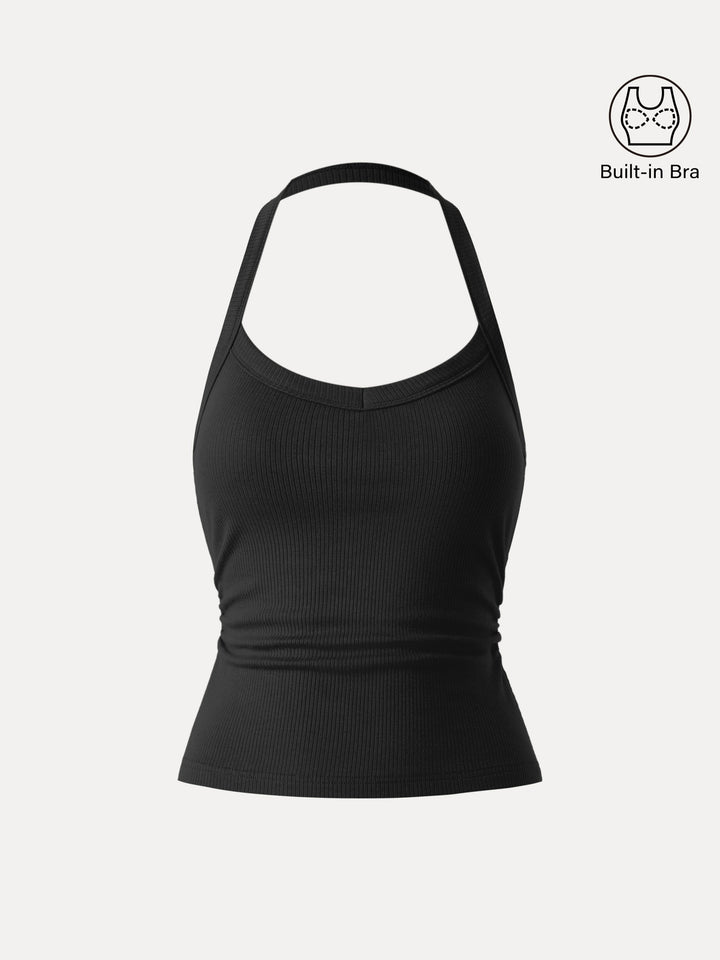 Halter Neck Side Ruched Ribbed Brami Tank Black XS