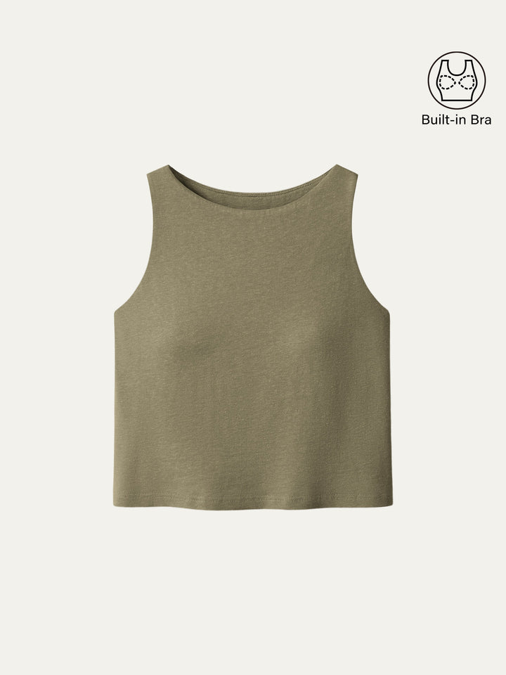 Cotton-Linen-Luxe Cropped Boatneck Brami Tank Olive Green XS
