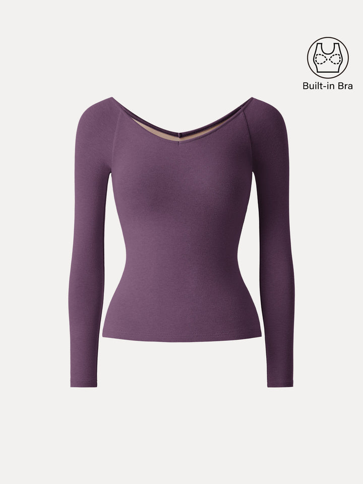 Stretch Cotton V-Neck Long Sleeve Brami Top Deep Fig XS