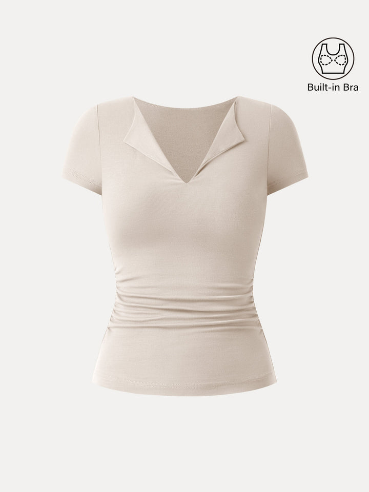Flapped V-neck Side Ruched New Airy Brami Tee Fog XS