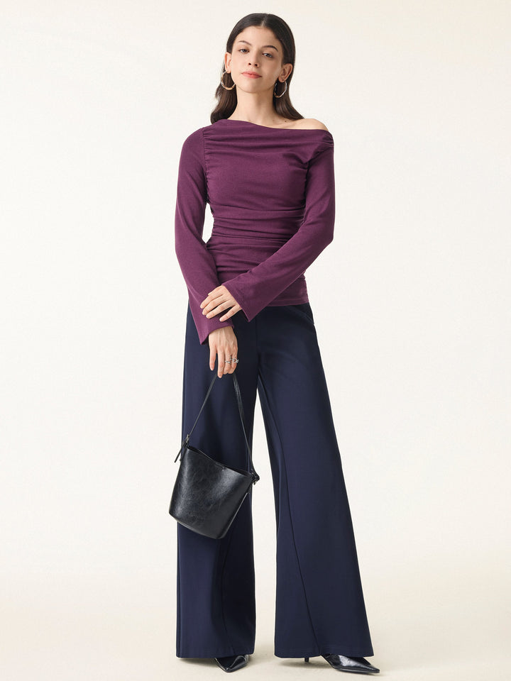 Slanted Shoulder Bell Sleeve Ruched Brami Top