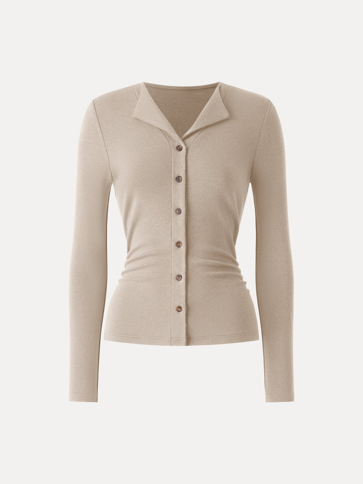 Flapped V-neck Button Front Side Ruched Top Natural Calico XS