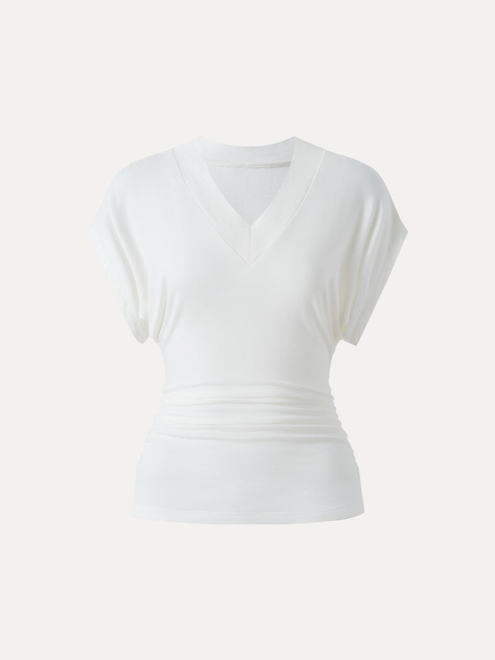 Lyocell Cashmere Blend V-neck Short Sleeve Side Ruched Tee