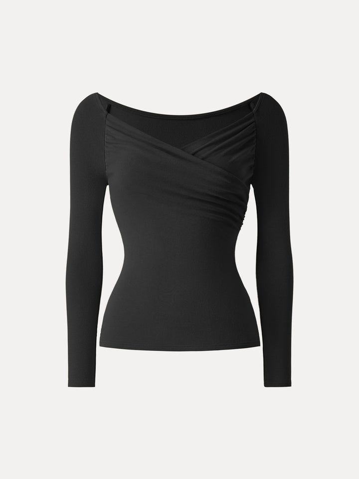 Light Warm Surplice Ruched Long Sleeve Top Black XS