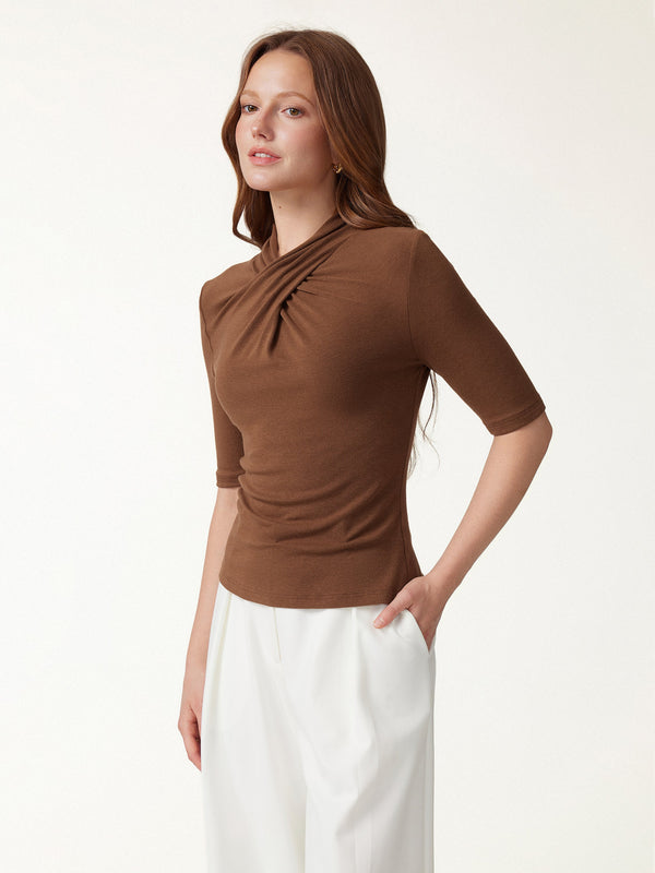 OGLmove Eco-Mousse® Crisscross Mock Neck Elbow Sleeve Ruched Top Sweet Hazelnut XXS