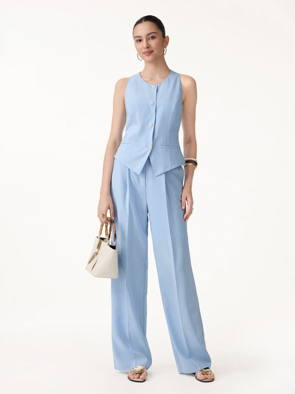 OGLmove 2Pcs Set Waistcoat with Pockets & Wide Leg Pants