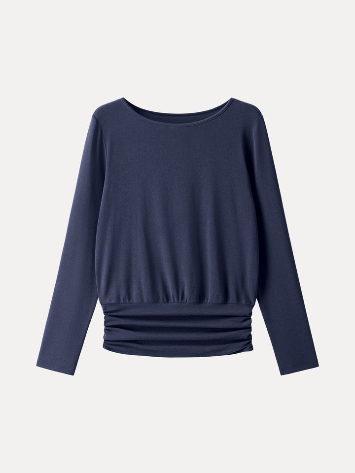Light Warm Round Neck Side Ruched Top Indigo XS