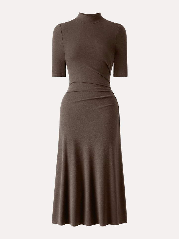 Mockneck Elbow Length Sleeve Tucked Midi Dress Hazelnut Coco XS