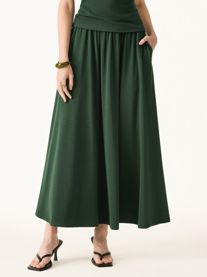2Pcs Set Stretch Cotton Boatneck Brami Tank & Maxi Umbrella Skirt with Pockets
