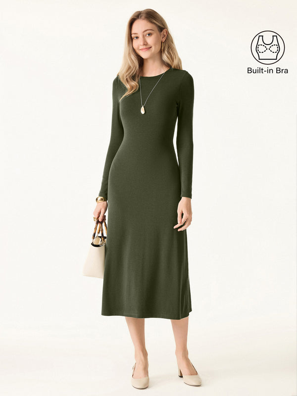 Essential Round Neck Long Sleeve Midi Brami Dress Deep Olive XS