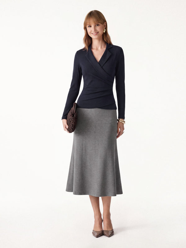OGLmove 2Pcs Set ProWarm Collared Surplice Top & Soft Thermal Pull-On Midi Skirt Midnight Navy/Heather Carbon XXS