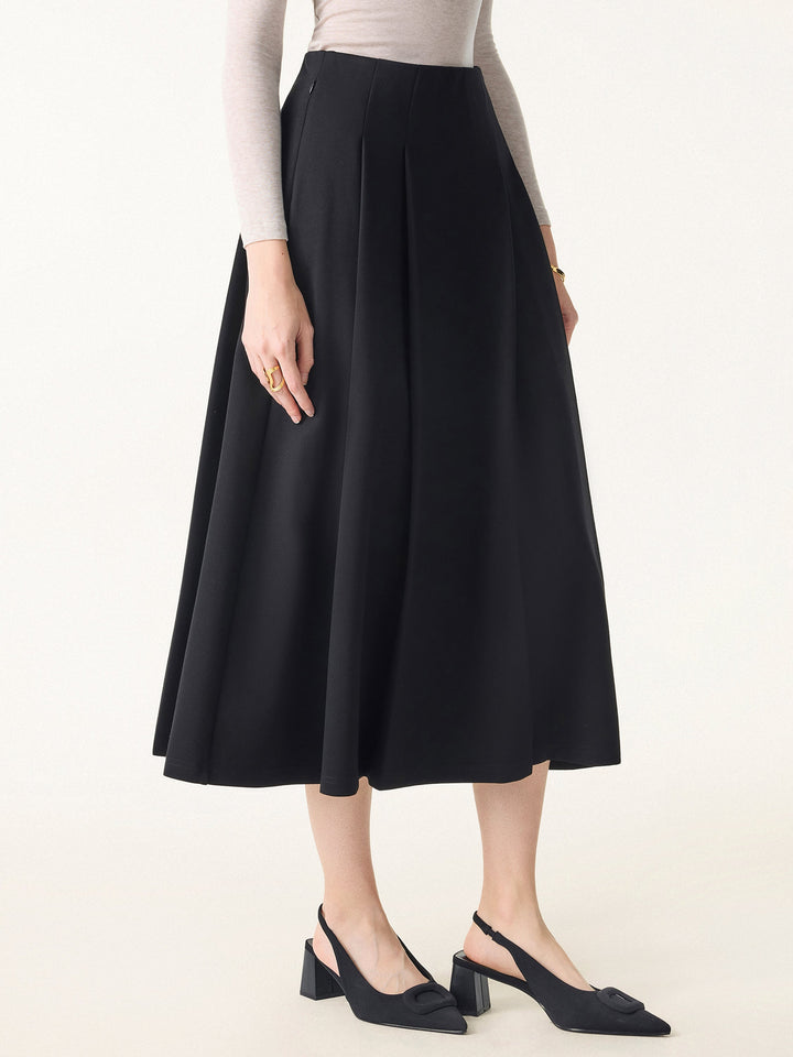 Wrinkle-Resistant A-line Tucked Pull-on Midi Skirt with Pockets