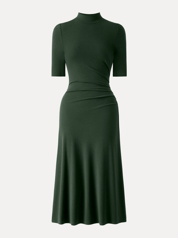 Mockneck Elbow Length Sleeve Tucked Midi Dress Bush Green XS