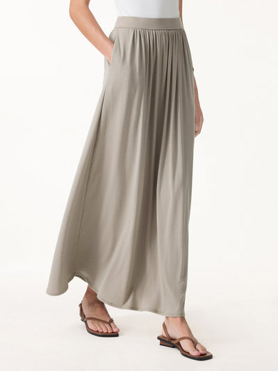 OGLmove Soft Linen Knit Gathered A-Line Maxi Skirt with Pockets Dark Alabaster XS