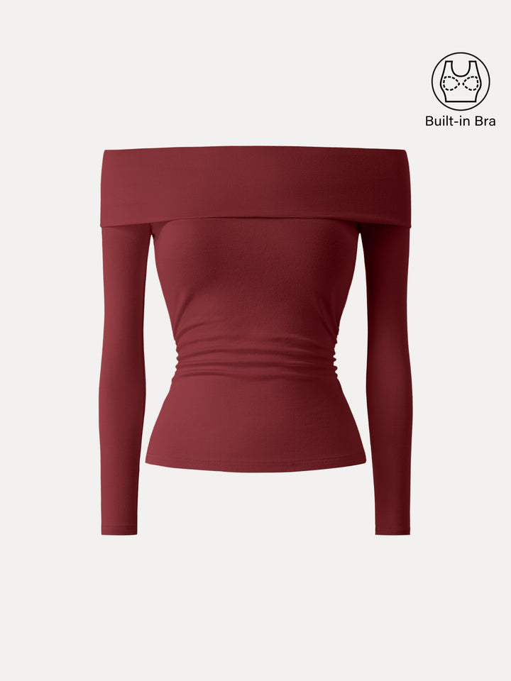 Off-Shoulder Long Sleeve Side Ruched Brami Top Brick XS