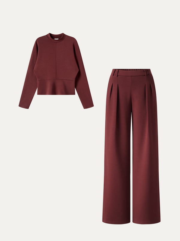 OGLmove 2Pcs Set Mock Neck Batwing Sleeve Top & High-Rise Wide-Leg Pants with Pockets