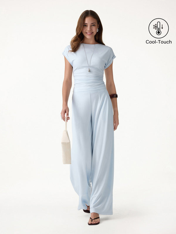 OGLmove 2Pcs Set Round Neck Ruched Tee & Mid Rise Wide Leg Pants Blue Air XS