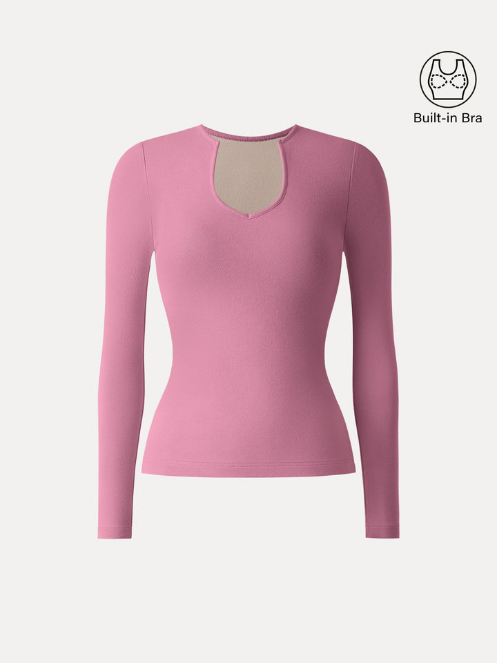 Light Warm Curved V-Neck Long Sleeve Brami Top Rose XS