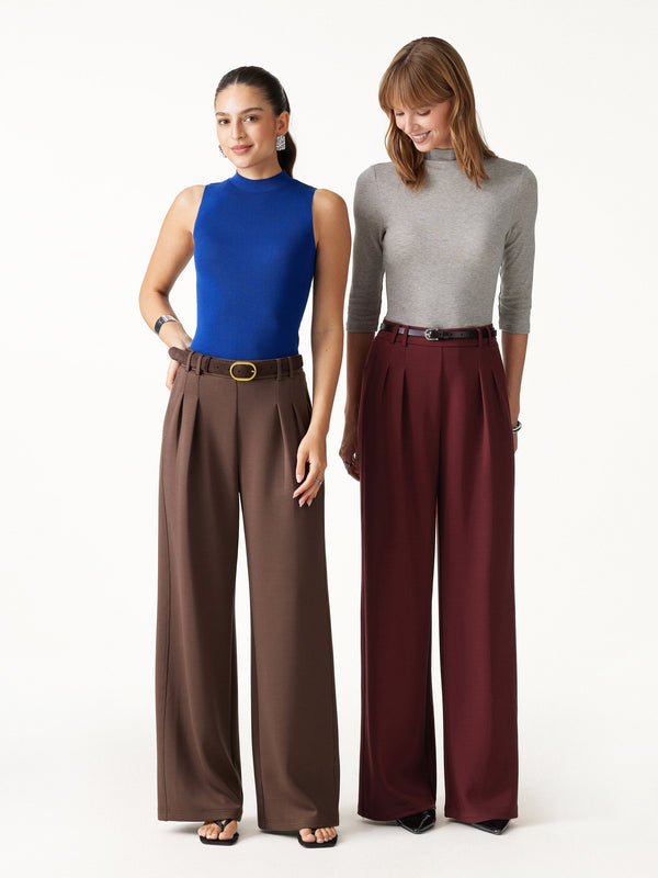 OGLmove Lyocell Spacer Knit High-Rise Wide-Leg Tuck Pants with Pockets