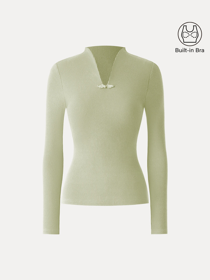 Ribbed Stand V-neck Frog Button Long Sleeve Brami Lime Ash XS