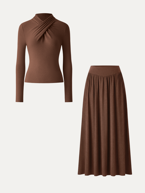 OGLmove 2Pcs Set ProWarm Mockneck Long Sleeve Top & Mid-Rise A-Line Midi Skirt with Pockets