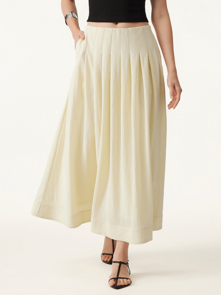 Wrinkle-free Cotton-linen Mid Rise Pleated Midi Skirt