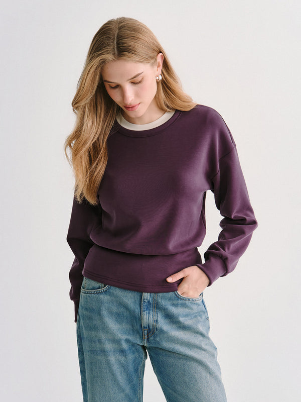 OGLmove MaxWarm Modal Stretch Fleece Round Neck Long Sleeve Banded Hem Top Deep Fig XXS