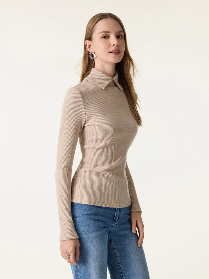 Ribbed Stand Collar Long Sleeve Top