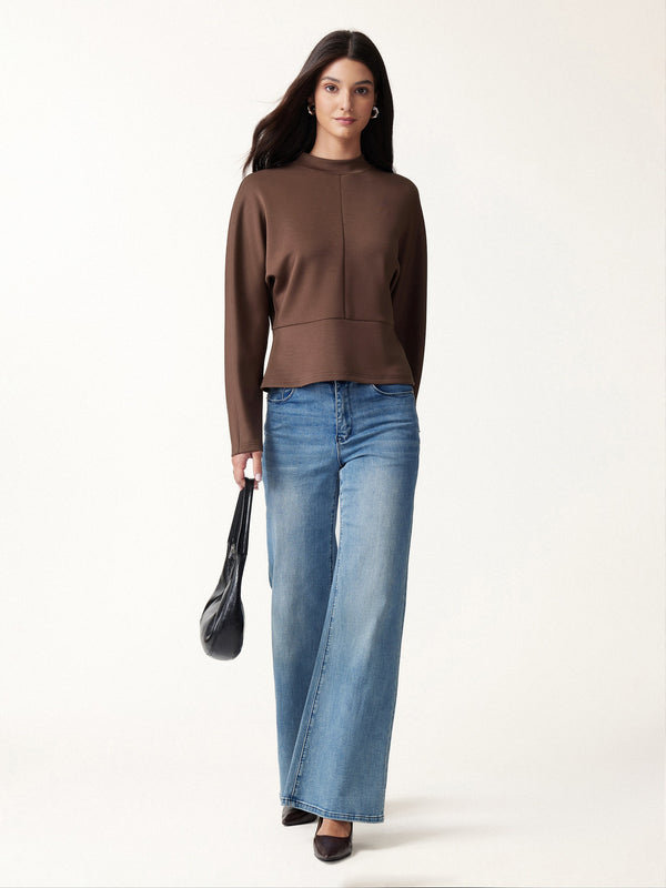 OGLmove Modal Spacer Knit Mock Neck Batwing Sleeve Banded Hem Top