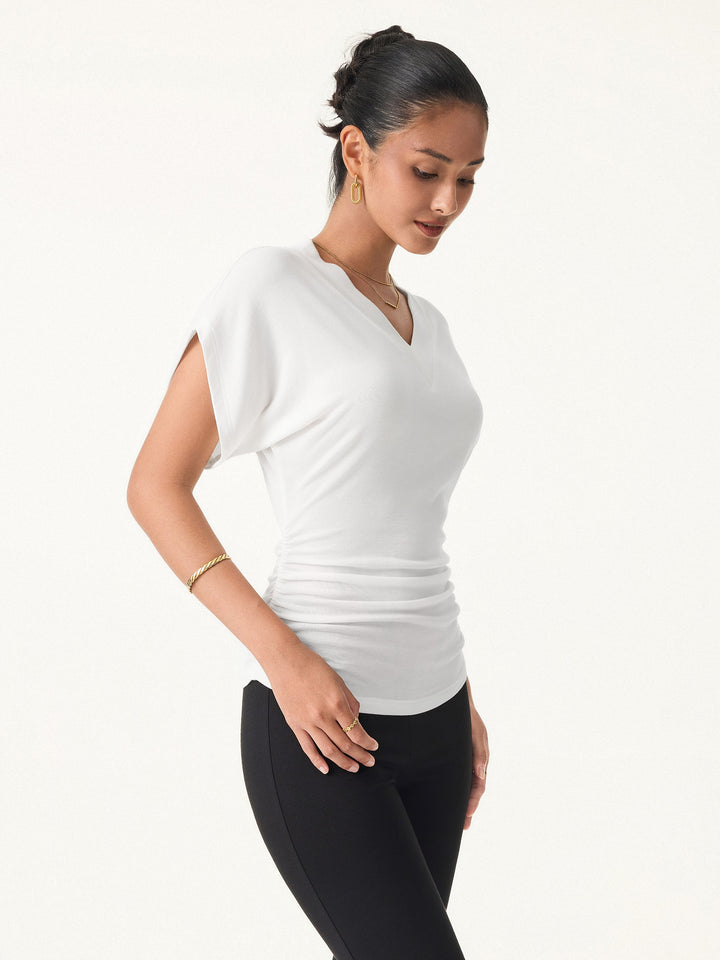 Lyocell Cashmere Blend V-neck Short Sleeve Side Ruched Tee