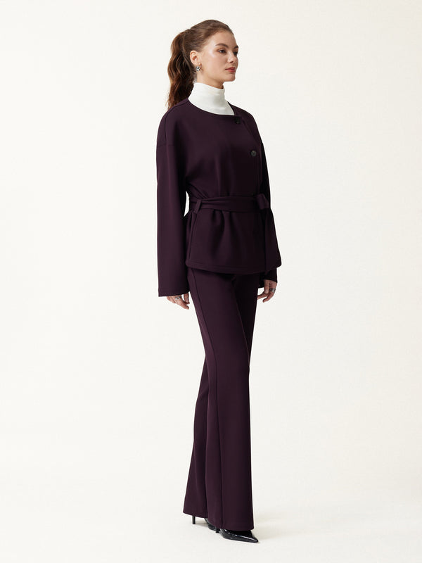 OGLmove 2Pcs Set Round Neck Long Sleeve Belted Jacket with Pockets & Mid-Rise Flared Pants with Pockets Purple Gloam XXS